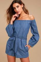 Free People | Tangled In Willows Blue Chambray Romper | Size Medium | 100% Cotton | Lulus