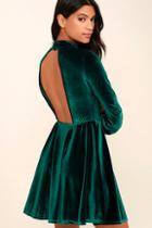 Lulus Embrace The Present Forest Green Velvet Skater Dress