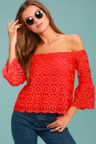 Lulus Good Day Red Crochet Off-the-shoulder Top