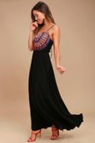 Lulus | Ascension Island Black Embroidered Maxi Dress | Size X-large | 100% Polyester