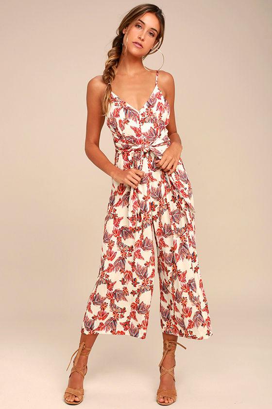 Free People | Hot Tropics Cream Print Midi Jumpsuit | Size 8 | Beige | Lulus