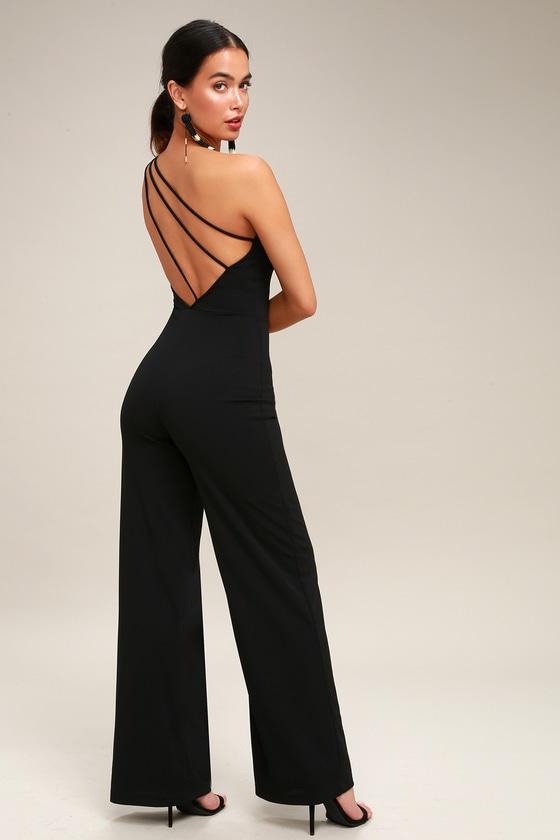Going Solo Black One Shoulder Backless Jumpsuit | Lulus