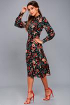 Lulus | Retro Ready Black Floral Print Long Sleeve Midi Dress | Size Large