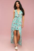 Lush Glenwood Aqua Floral Print High-low Maxi Dress | Lulus