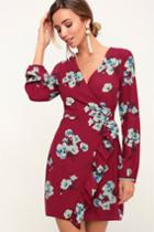 Fascinating Fun Burgundy Floral Print Long Sleeve Wrap Dress | Lulus