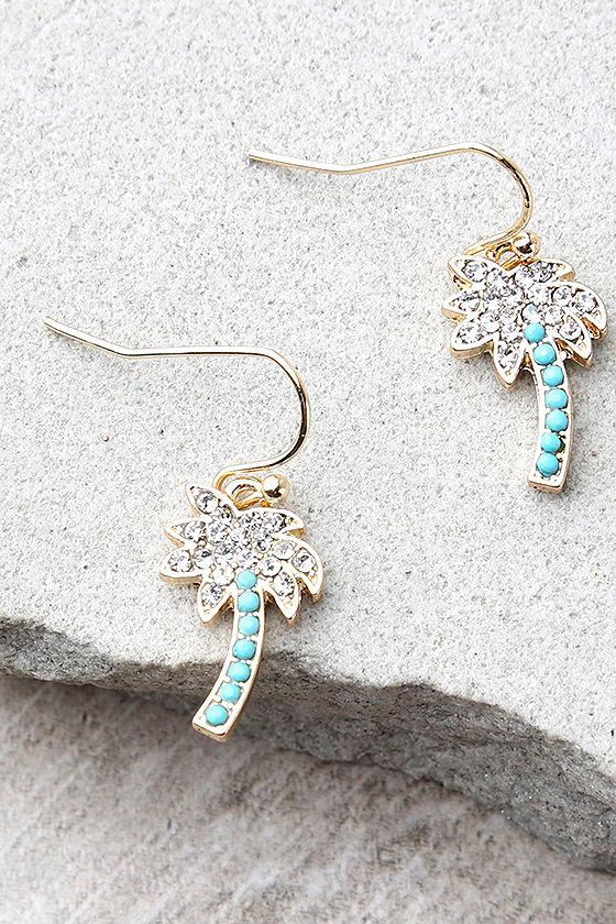 Lulus | Palms Of Paradise Blue And Gold Rhinestone Earrings