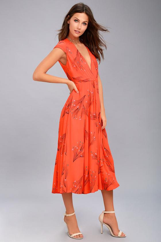 Free People Retro Coral Orange Floral Print Midi Dress | Lulus