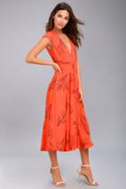 Free People Retro Coral Orange Floral Print Midi Dress | Lulus