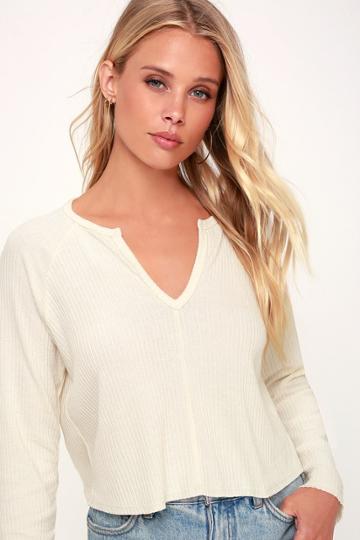 Lulus Basics Lacefield Cream Notched Long Sleeve Sweater Top | Lulus