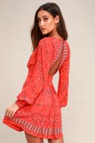Free People Coryn Coral Orange Print Long Sleeve Dress | Lulus