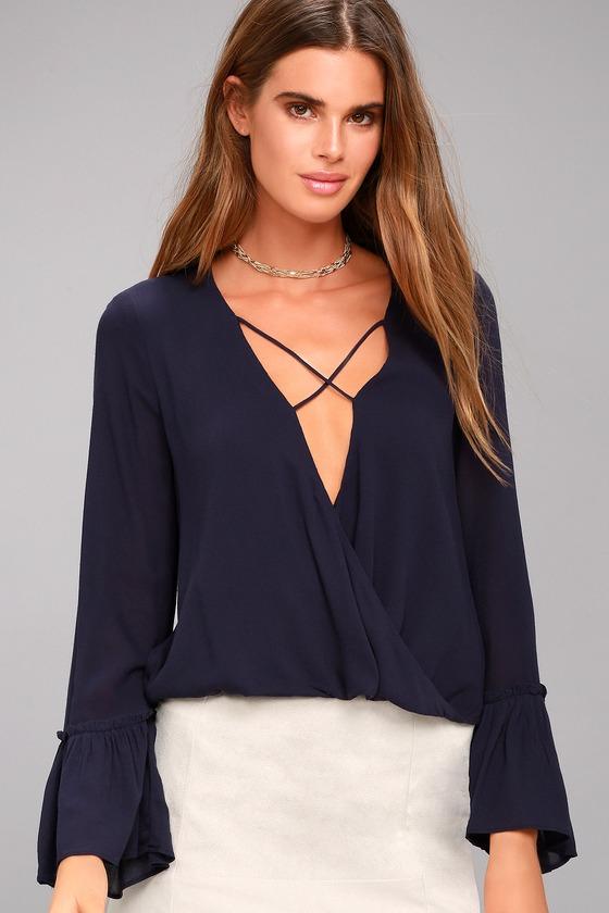 Lulus | Ryland Navy Blue Long Sleeve Top | Size Large | 100% Rayon