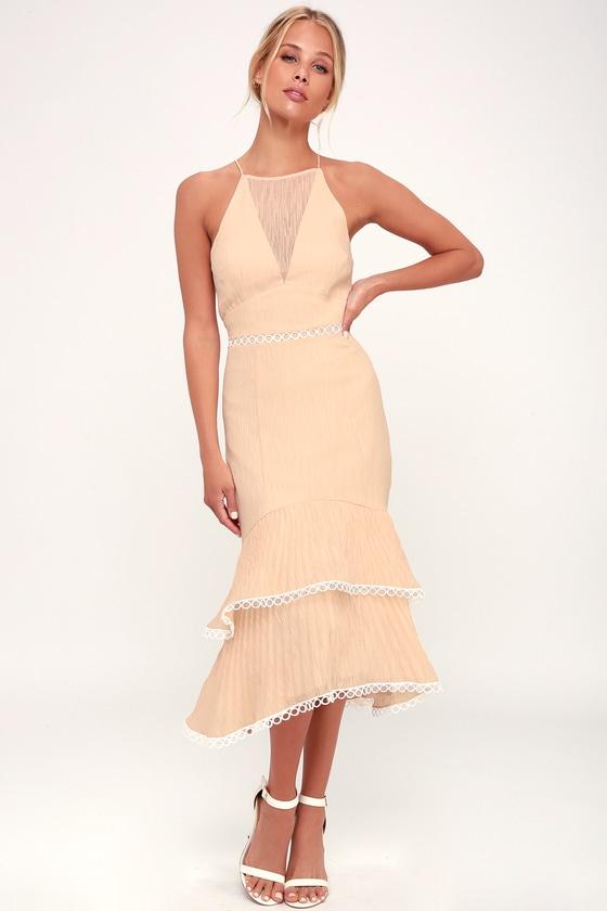 Keepsake Too Close Nude Ruffled Midi Dress | Lulus