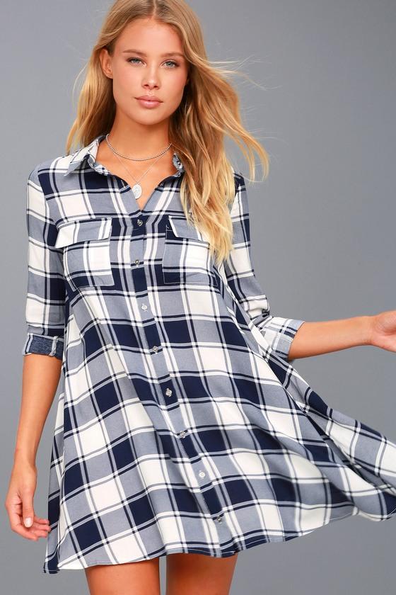Lulus | Weekend Game Navy Blue Plaid Shirt Dress | Size Large | 100% Rayon