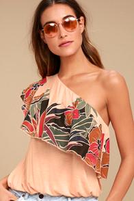 Free People Annka Peach Floral Print One-shoulder Top