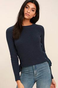 Lulus Good-natured Washed Navy Blue Lace-up Sweater