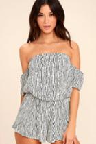 Lulus | Get-together Black And White Striped Off-the-shoulder Romper | Size X-small | 100% Rayon