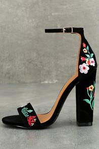 Shoe Republic La Suri Black Embroidered Ankle Strap Heels