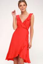 Ensenada Coral Red Ruffled Wrap Midi Dress | Lulus