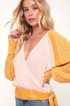 Free People Auxton Pink And Mustard Yellow Thermal Long Sleeve Wrap Top | Lulus