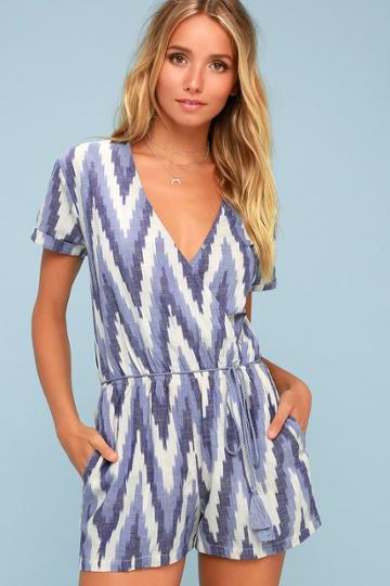 Rag Poets Sandy Blue Print Short Sleeve Romper | Lulus