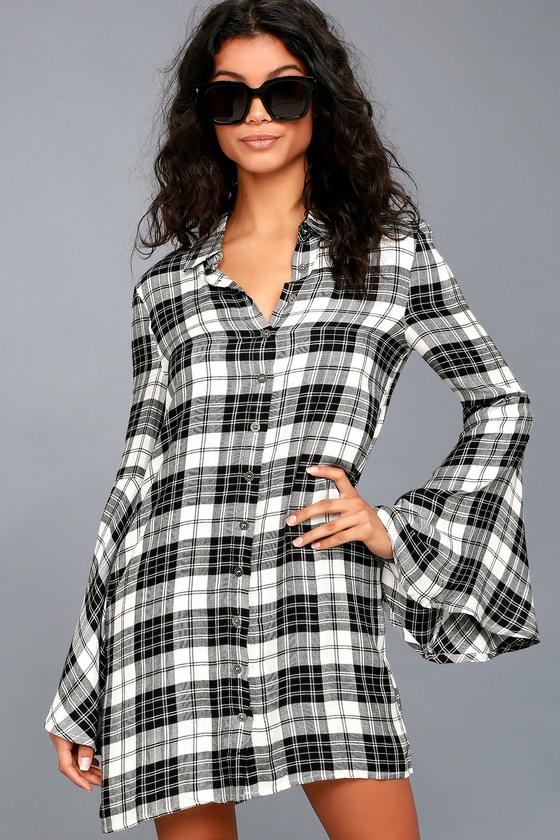 Lulus | Tymber Black And White Plaid Shirt Dress | Size Large | 100% Rayon
