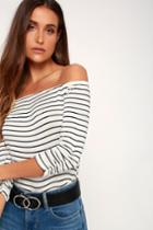 Chilled Out Navy Blue And White Striped Off-the-shoulder Top | Lulus