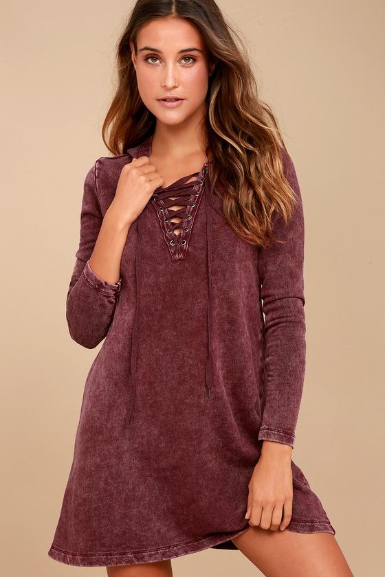 Others Follow | Andie Washed Burgundy Lace-up Sweater Dress | Size Large | Purple | 100% Cotton | Lulus
