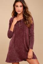 Others Follow | Andie Washed Burgundy Lace-up Sweater Dress | Size Large | Purple | 100% Cotton | Lulus