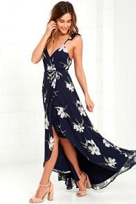 Lulus All Mine Navy Blue Floral Print High-low Wrap Dress