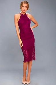 Lulus Kiss Me At Midnight Magenta Lace Halter Bodycon Midi Dress