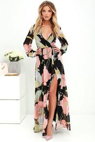 Lulus Wondrous Water Lilies Black Floral Print Maxi Dress