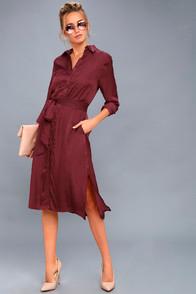 Lulus Nine To Thrive Burgundy Long Sleeve Midi Shirt Dress
