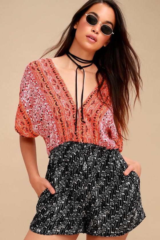 Free People Arizona Orange And Black Print Romper | Lulus