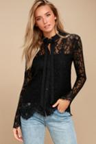 Lulus | Lovely Lady Black Lace Long Sleeve Button-up Top | Size Large | 100% Polyester
