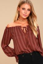 Lulus | Barakaldo Rust Red Print Off-the-shoulder Top | Size Small | 100% Rayon