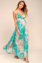 Lulus | Sea Glass Turquoise Print Backless Maxi Dress | Size X-large | Blue | 100% Polyester