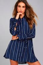 Lulus High Seas Navy Blue Striped Shirt Dress