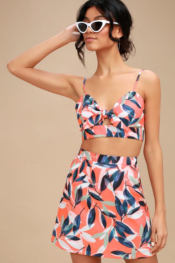 Caribbean Cutie Coral Pink Leaf Print Mini Skirt | Lulus