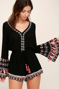 Lulus Hiatus Black Embroidered Long Sleeve Romper