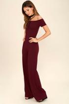 Lovely Day Alleyoop Burgundy Off-the-shoulder Jumpsuit