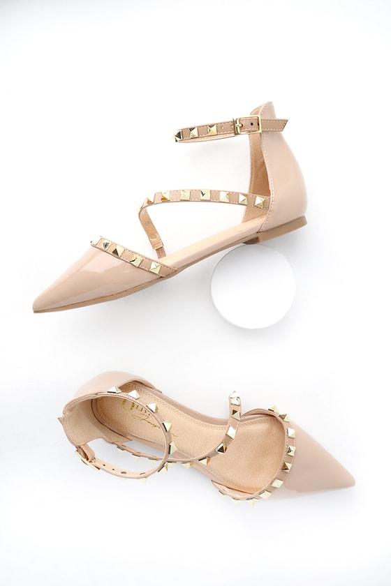 Olivia Jaymes Trinity Nude Patent Studded Pointed Toe Flats | Lulus