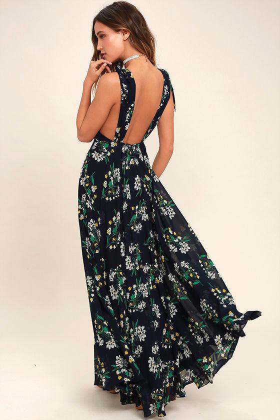 Lulus | Remember The Days Navy Blue Floral Print Maxi Dress | Size X-large | 100% Polyester