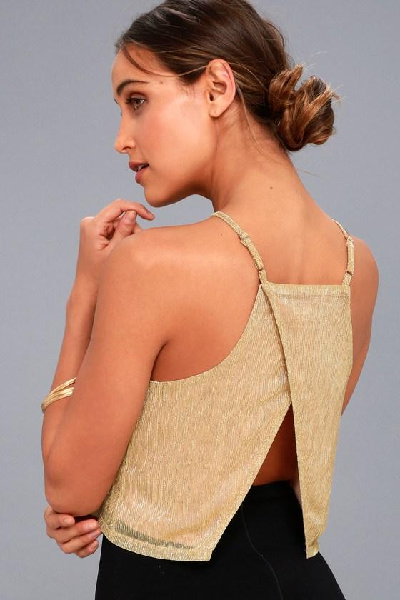 Lulus | Dancing Days Gold Crop Tank Top | Size Small | 100% Polyester
