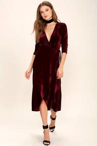 Lulus Enchant Me Burgundy Velvet Midi Wrap Dress
