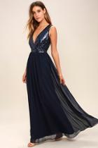 Lulus Elegant Encounter Navy Blue Sequin Maxi Dress