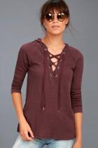 Z Supply Adventure Forever Plum Purple Lace-up Hooded Thermal Top