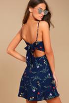 Lulus | Flower Of The Flock Navy Blue Floral Print Skater Dress | Size X-large | 100% Polyester