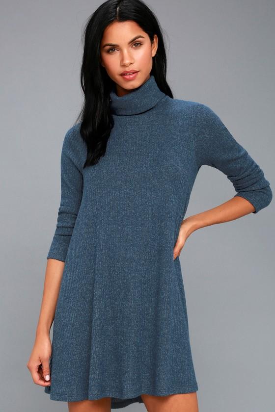 Lulus | Cozy Express Heather Navy Blue Long Sleeve Swing Dress