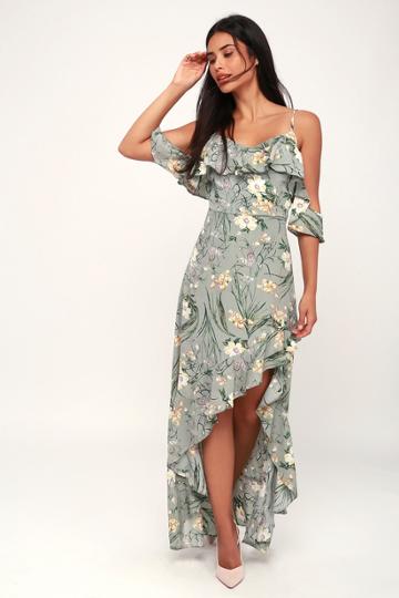 Strut & Bolt My My My Sage Green Floral Print Off-the-shoulder Maxi Dress | Lulus