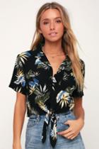 Tropical Twist Black Tropical Print Tie-front Crop Top | Lulus